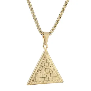 Gold-toned titanium steel pyramid pendant with Eye of Providence on box chain necklace
