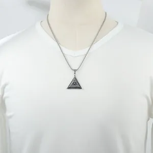 Punk vintage titanium steel triangle eye pendant necklace with silver ball chain for men