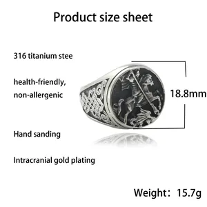 Chevalière vintage en acier inoxydable avec relief Saint-Georges pour homme