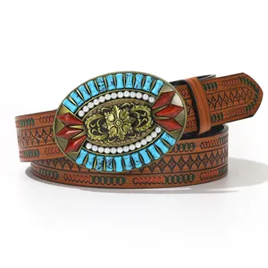 Bohemian Western cowboy belt with embossed floral buckle and turquoise accents