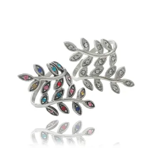 Anelli a foglia in acciaio inossidabile con gemme colorate e strass bianchi
