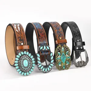 Women Vintage Bohemian Western Cowboy Belt With Turquoise Rhinestone Embossed PU Leather Wide Waist Belt For Jeans