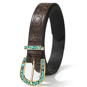 Cintura vintage in pelle marrone con motivi goffrati e fibbia dorata con turchese