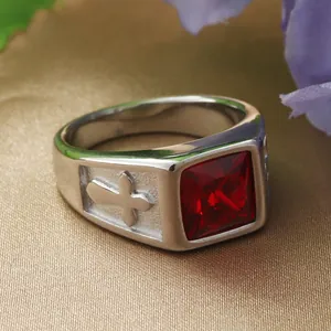 Vintage punk stainless steel ring with square red gemstone and cross carvings