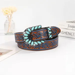 Bohemian western leather belt with turquoise buckle and floral embossed details