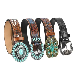 Bohemian western style leather belts with turquoise buckles and floral embossing