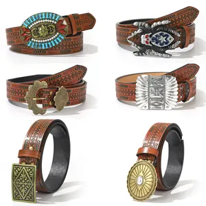 Vintage Western Cowboy Belt Embossed PU Leather Punk Style Alloy Plate Buckle Bohemian Ethnic Waistband For Men Accessory