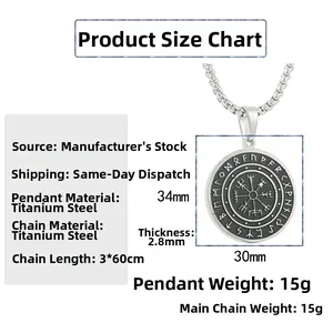 Pendaglio bussola vichinga Vegvisir in acciaio inossidabile con tabella delle taglie