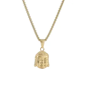 Gilded stainless steel Buddha head pendant necklace with intricate facial carvings