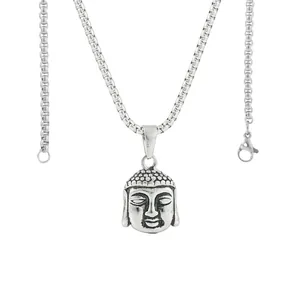 Detailed view of Buddha pendant necklace with silver box chain in vintage punk style