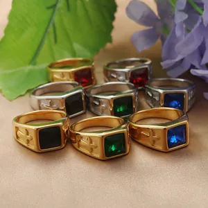 Vintage stainless steel cross rings with colorful gemstone inlays in gold and silver