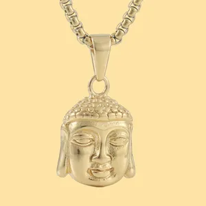 Retro Stainless Steel Buddha Head Pendant Necklace For Men Women Punk Religious Jewelry Polished Box Chain Buddha Charm Necklace