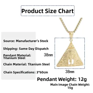 Punk style stainless steel Egyptian pharaoh pyramid pendant necklace with size chart