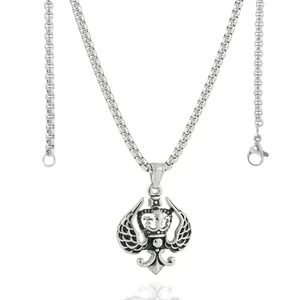 Collana vintage in acciaio al titanio ciondolo corona ali croce con catena box argento