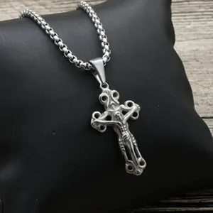 Collar de Colgante de Cruz de Crucifijo de Jesús de Acero Inoxidable Vintage para Hombres Joyería Religiosa Punk
