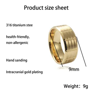 9mm breiter goldener Titanstahlring mit horizontal gravierter Textur für Damen und Herren