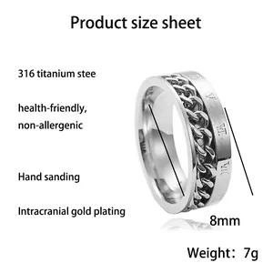 Anillo giratorio punk de 8mm para hombre en acero titanio con cadena y números