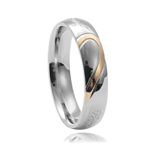 Zweifarbiger Edelstahl-Ring für Paare mit Love-Gravur und herzförmigem Design