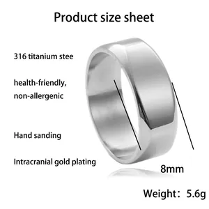 Bague pour homme en acier titane poli 8mm, style punk minimaliste avec fini miroir