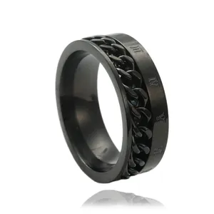 Anillo de acero de titanio negro mate con cadena giratoria y números romanos para hombre