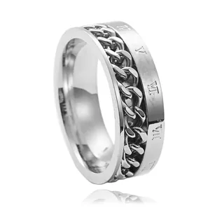 Anillo giratorio de acero inoxidable vintage con números romanos y cadena de eslabón