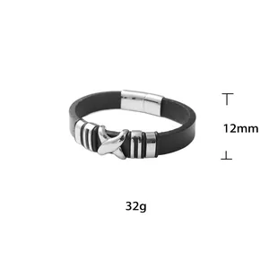 Men's black leather bracelet with X-shaped stainless steel ornament and magnetic clasp