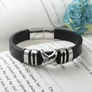 Mens black leather bracelet with silver stainless steel X-shaped metal charm and magnetic clasp
