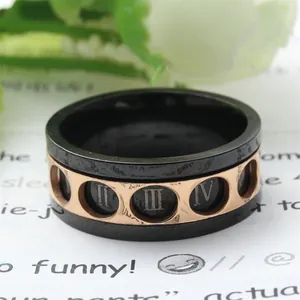 Rotatable stainless steel ring with Roman numerals in black and rose gold finish