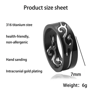 7mm punk hollow flame pattern ring in matte black 316L titanium steel for men and women