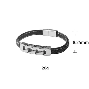 Herren-Armband aus schwarzem Leder mit silberner Metallkette im Vintage-Stil 8,25mm breit