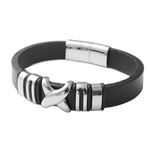 Men's black leather bracelet featuring stainless steel X-shaped cross and magnetic clasp
