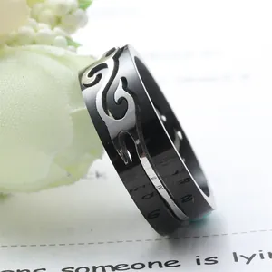 Punk style titanium steel ring with black mirror finish and silver flame relief pattern