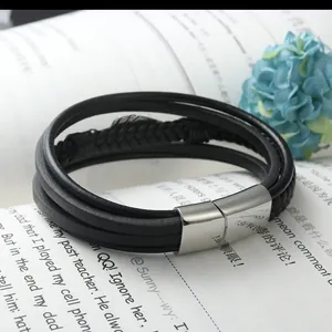 Mehrlagiges schwarzes geflochtenes Lederarmband für Herren mit silbernem Magnetverschluss