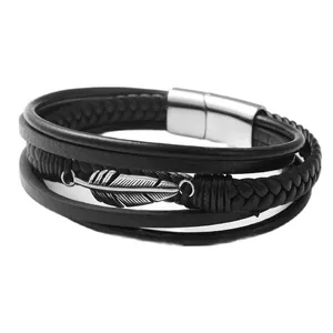 Mehrlagiges schwarzes geflochtenes Lederarmband für Herren mit silberner Feder und Magnetverschluss