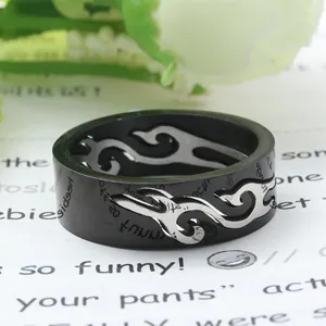 Punk style black stainless steel ring with silver hollow flame pattern for men and women
