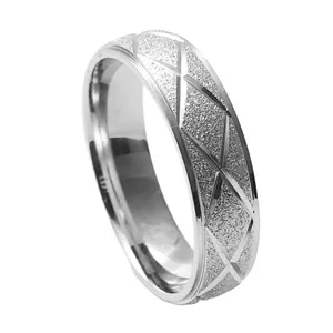 Retro titanium steel rhombus ring with frosted finish and cross-etched patterns