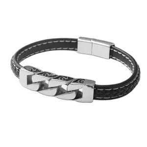 Herren Mode Geflochtenes Schwarzes Lederarmband Mit Titanstahl Kettengliedern Vintage Graviert Magnetverschluss Rock Punk Handschmuck