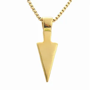Polished gold arrowhead pendant necklace for men with a minimalist steel box chain
