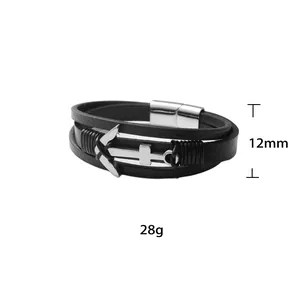 Bracciale multistrato in pelle da uomo con ancora in acciaio argento e chiusura magnetica