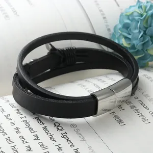 Bracciale a doppio giro in pelle nera con chiusura magnetica in argento lucido per unisex