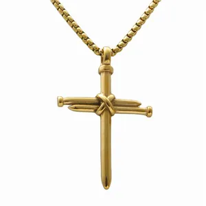 Punk style 18K gold stainless steel nail cross pendant with industrial box chain necklace