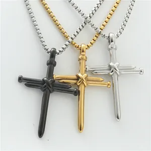 Retro punk nail cross pendant necklaces in black, gold, and silver stainless steel