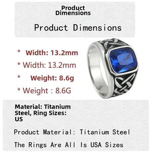 Vintage stainless steel ring with blue stone and Celtic knot patterns for men