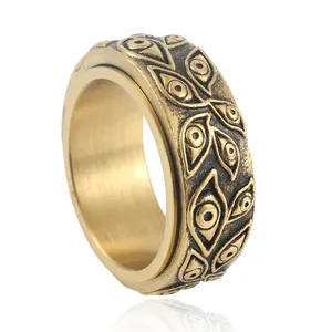 Vintage punk titanium steel rotating eye ring with antique finish for men and women