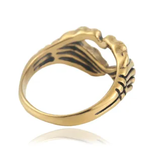 Retro punk skeleton hand ring in gold finish stainless steel on white background