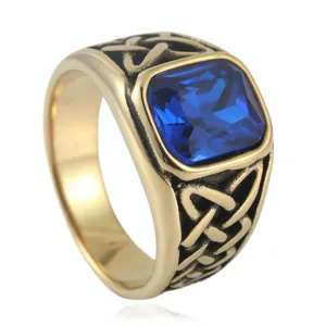Men's Vintage Stainless Steel Celtic Knot Ring Square Inlaid Zirconia Punk Style Gold Silver Color Fashion Band Jewelry