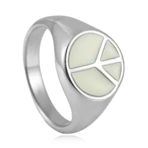 Anello sigillo in acciaio inossidabile lucido con simbolo della pace in smalto bianco