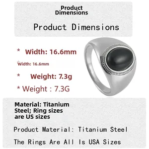 Men's titanium steel signet ring with oval black stone 16.6mm wide and 7.3g weight