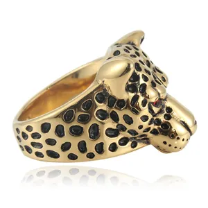 Punk style golden leopard ring in stainless steel with red zircon eyes and black spots
