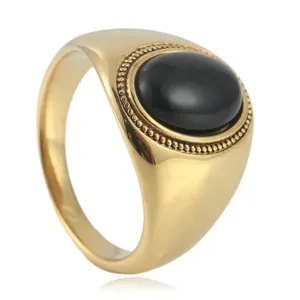 Vintage gold-plated stainless steel signet ring with oval black onyx gemstone center